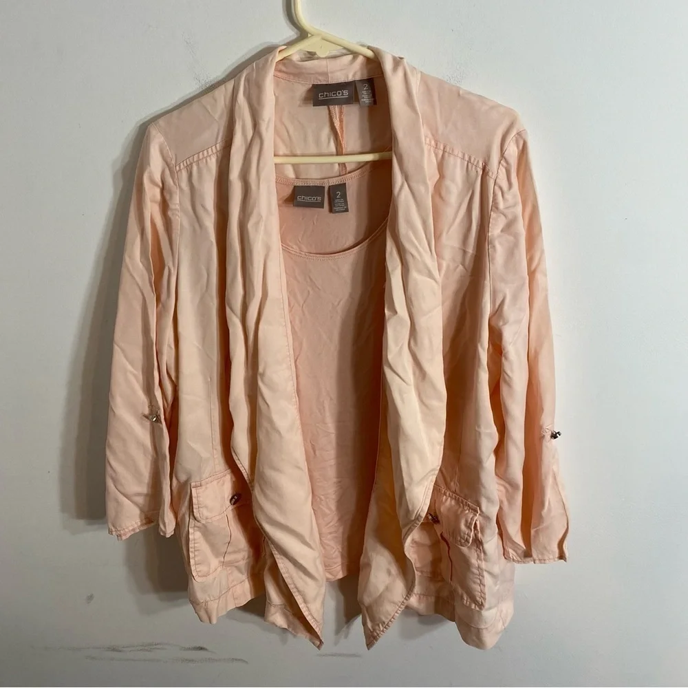 Chico’s Peach Jacket Cover Up & Tank Top Sz 2 Medium Orange Pink Lightweight